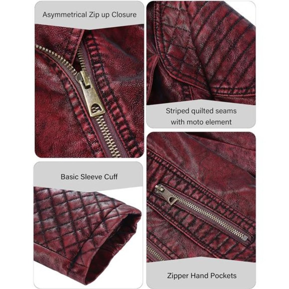 Red Faux Leather Moto Jacket Fitted Quilted Bomber Motorcycle Biker Jacket Coat - Picture 5 of 8